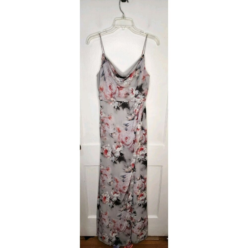 Adrianna Papell Size 6 Maxi Floral Cowl Neck Dress Side Slit Gray